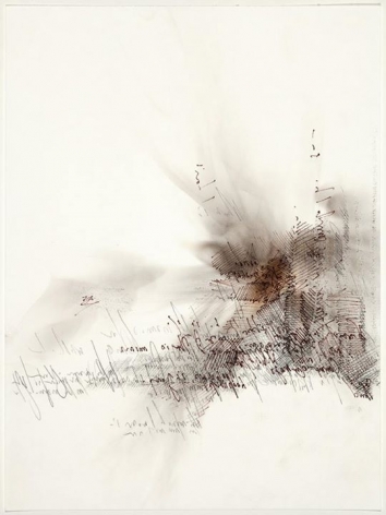 Mumur, Whisper smoke and graphite, backwards script on rag paper